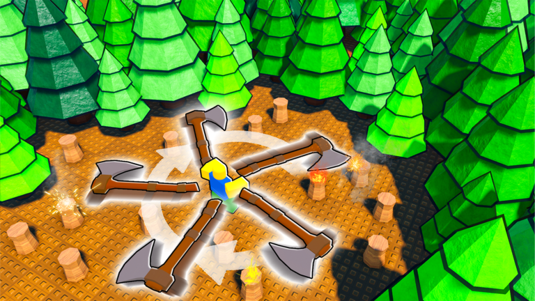 Official Roblox Axe RNG thumbnail showing axes circling a character in a forest arena