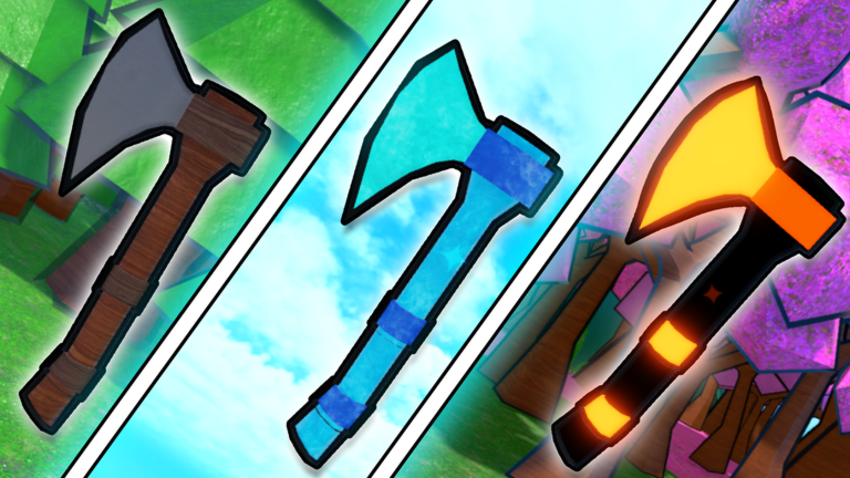 Official Roblox Axe RNG thumbnail showing several axe styles in split panels
